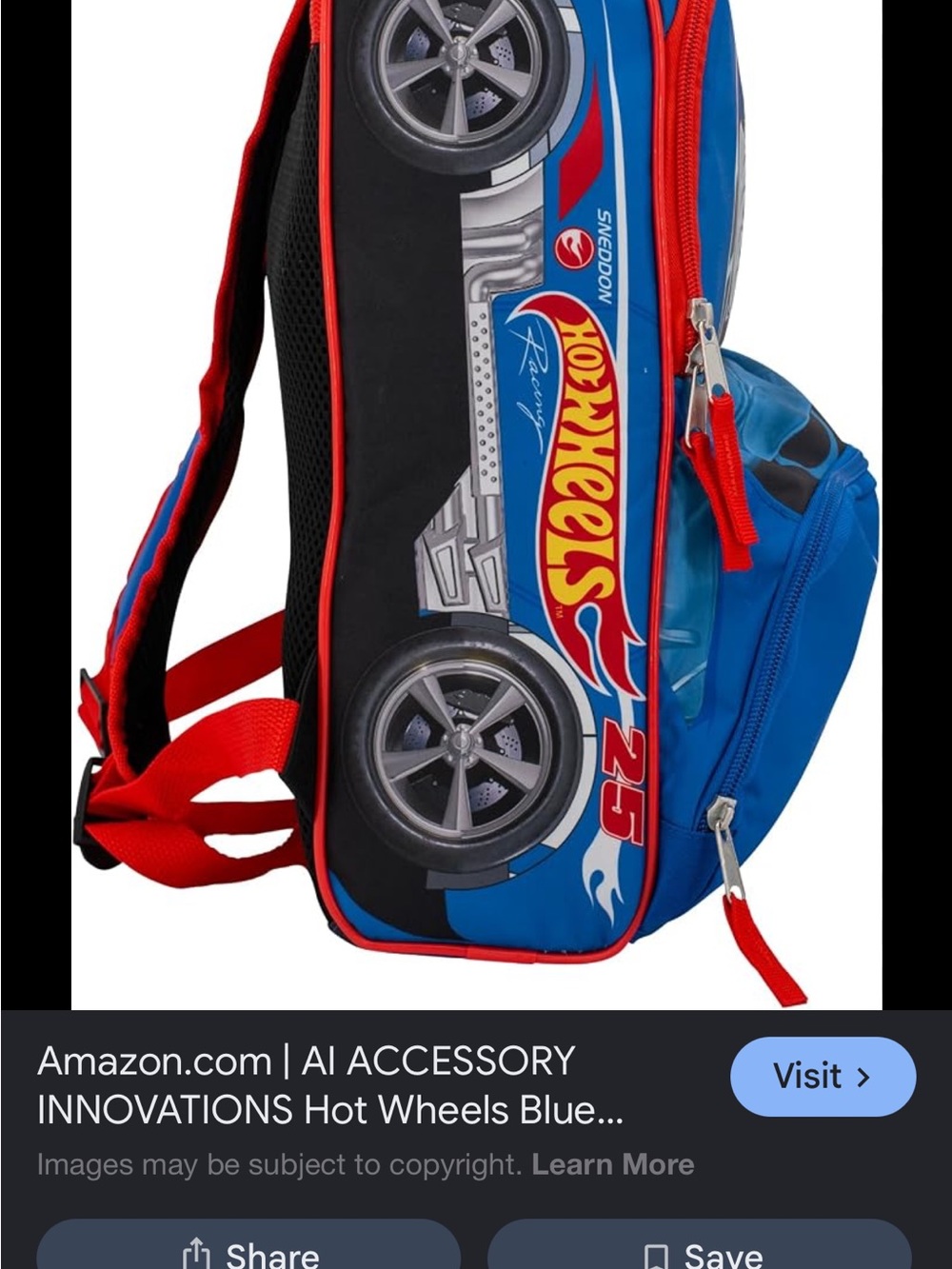 Hot Wheels Kids Blue Racing Backpack with Red Accents